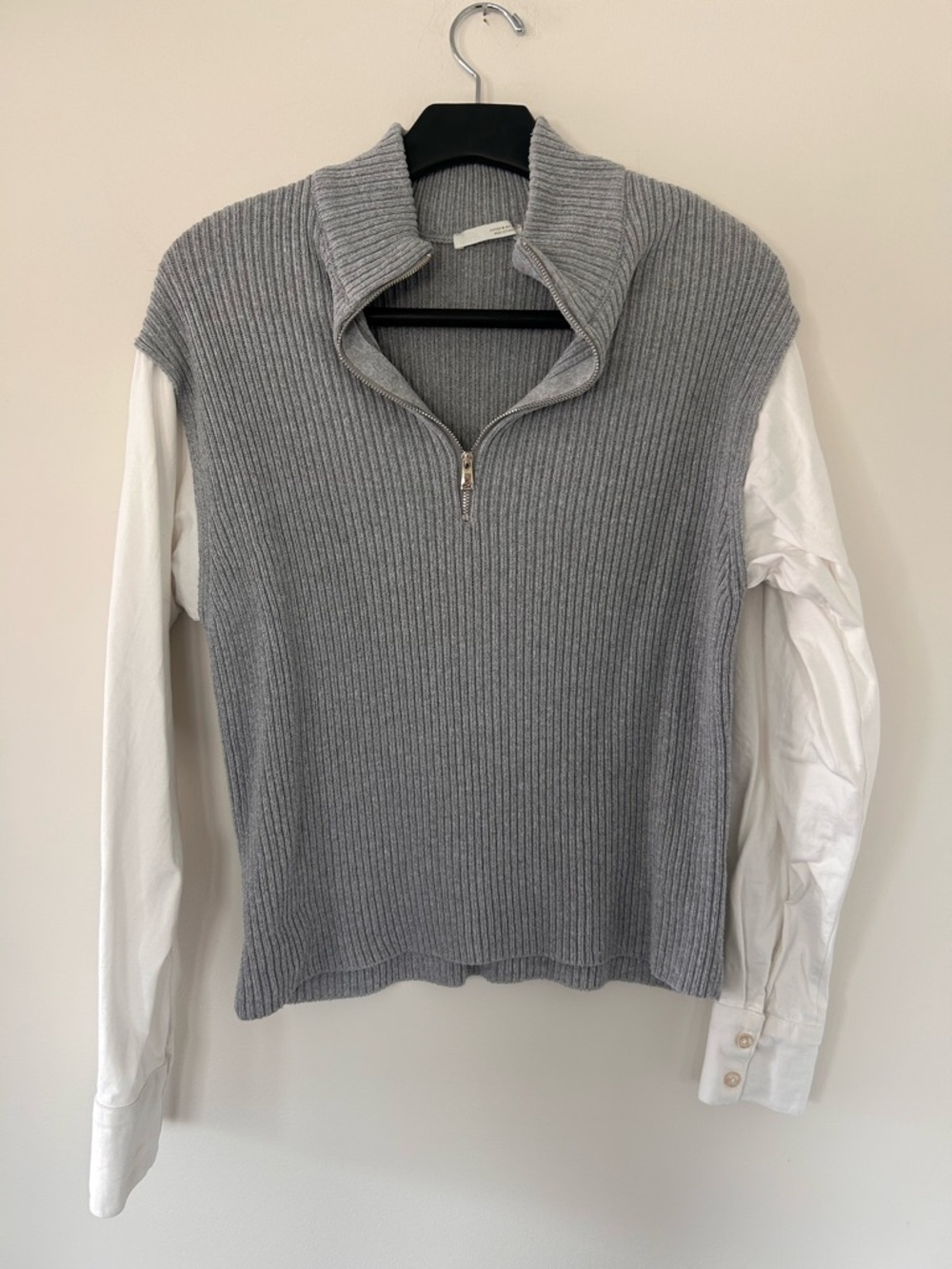 Zara Gray Ribbed Half-Zip Sweater with White Shirt Sleeves